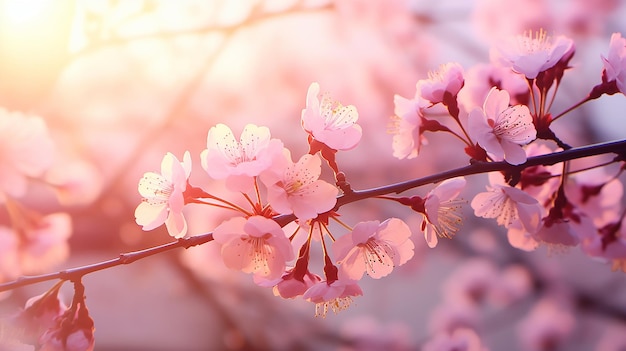 pink cherry tree blossom flowers with blurred background in beautiful spring background concept