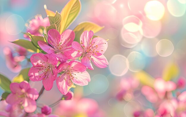 Pink cherry tree flowers bloom in spring on the natural sunny blurred background of the bokeh garden