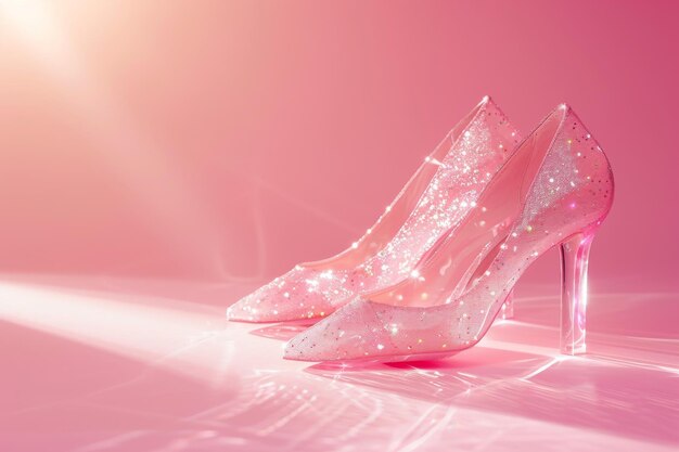 Фото Розовая шикарная прозрачная обувь с блесками на розовом фоне под солнечным светом копируйте пространство