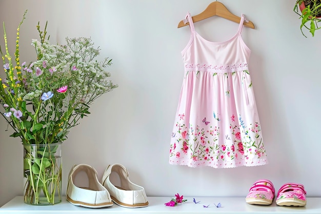 Pink childrens summer dress hanging on white background