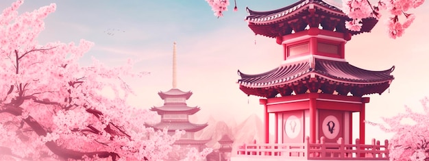 Pink chinese background with sakura blossoms and chinese temple Generative AI