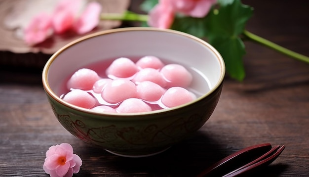 Pink chinese glutinous round balls soup in chinese bowl