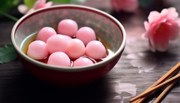 Photo pink chinese glutinous round balls soup in chinese bowl