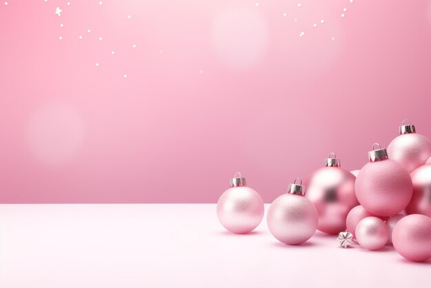 Pink Christmas background with balls and snowflakes empty template for your text