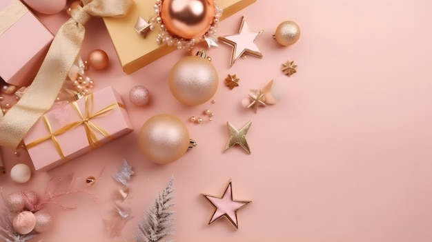 A pink christmas background with gold ornaments and a pink christmas tree.