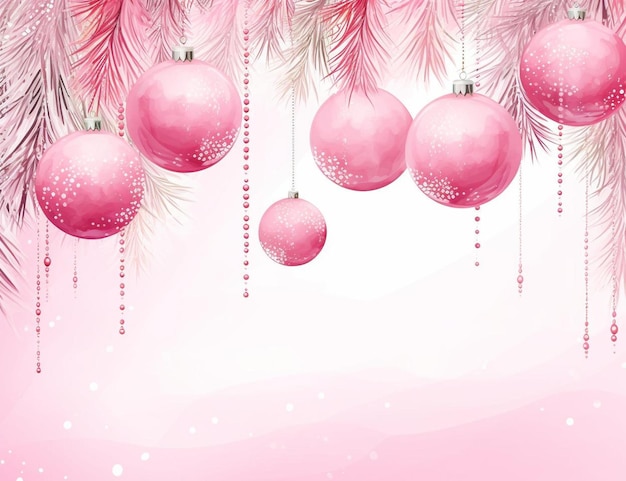 a pink christmas background with ornaments hanging from the branches