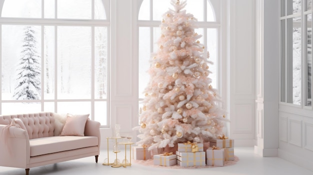 ピンクのクリスマスツリーとクリスマスデコレーション ホワイト