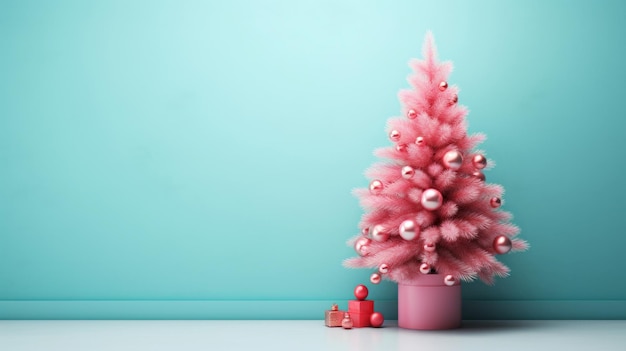 Pink Christmas tree with ornaments decoration on light teal background