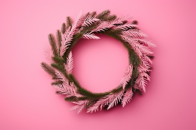 Pink Christmas wreath spray painted branches bright pink background doll style