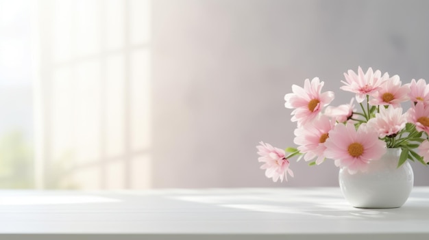 Pink chrysanthemum flowers in white vase on white wooden table