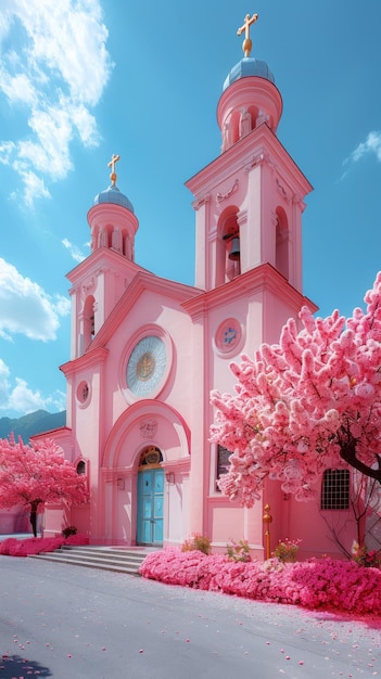 a pink church with a pink tree in front of it