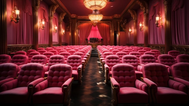 A pink cinema theater with rows of pink plush chairs and pink curtains
