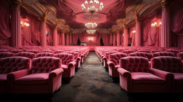 A pink cinema theater with rows of pink plush chairs and pink curtains