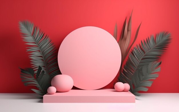 A pink circle surrounded by palm leaves and balls on a white platform generative ai