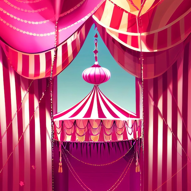 Pink circus tent abstract illustration,  canopy, balloons, cotton candy, pink with vertical stripe