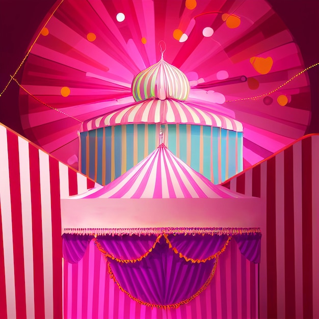 Photo pink circus tent abstract illustration with canopy, balloons, cotton candy pink with vertical stripe