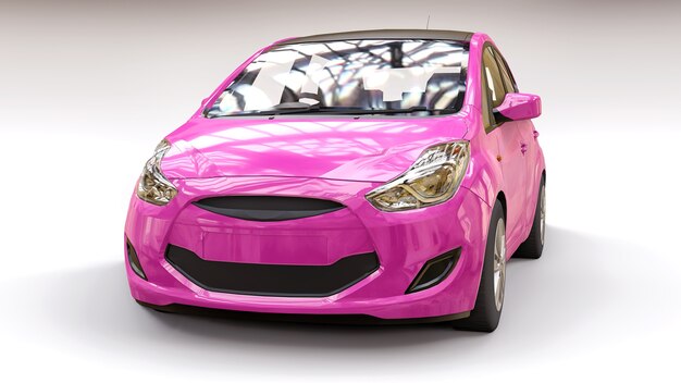 Pink city car with blank surface for your creative design. 3D illustration.