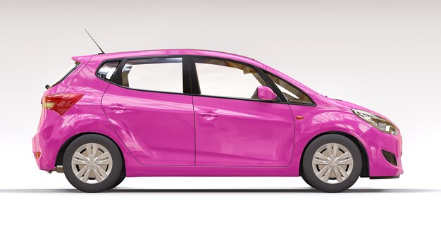 Pink city car with blank surface for your creative design. 3D illustration.