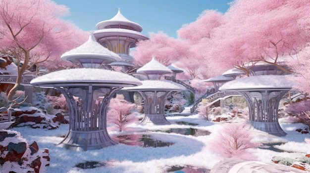 A pink city in the snow