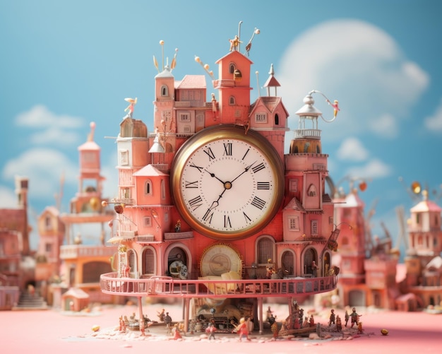 a pink city with a clock on top of it