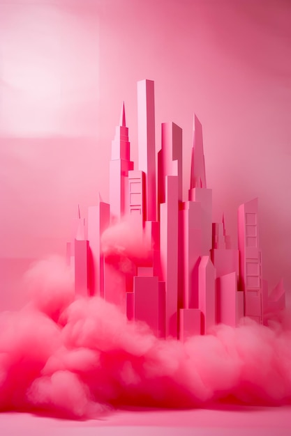 사진 앞면에 연기 구름이 있는 분홍색 도시 생성 ai