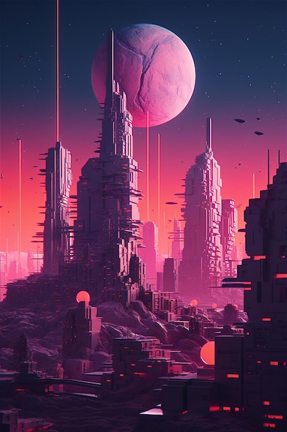 A pink city with a giant planet in the background.