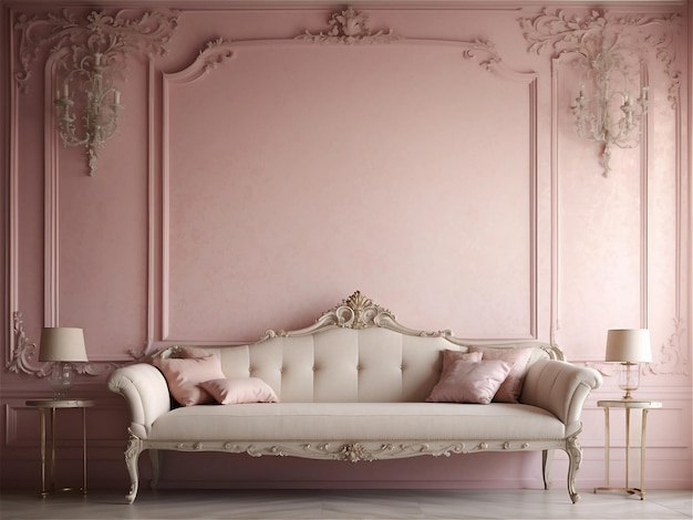 Розовая стена гостиной в классическом стиле с диваном