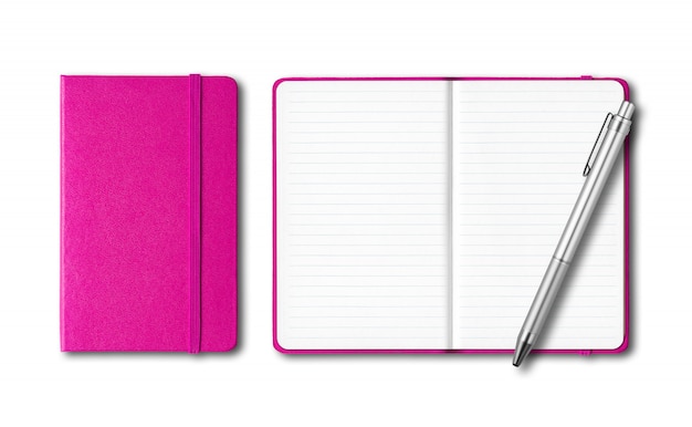 Photo pink closed and open notebooks with a pen isolated on white