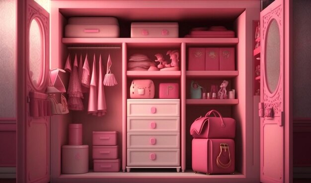 A pink closet with a pink bag and a pink bag with a tag on it.