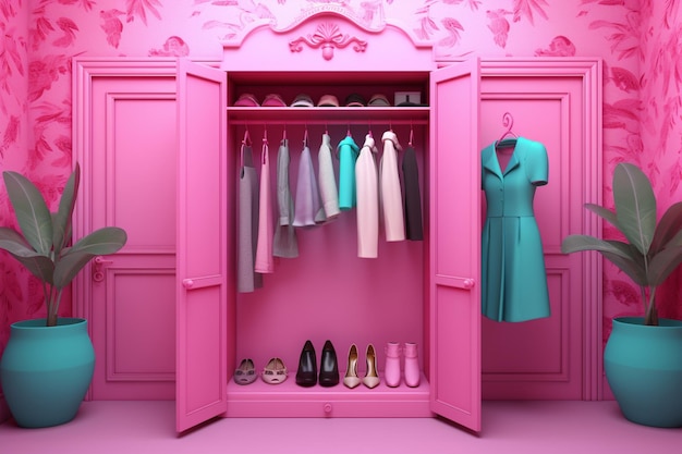 A pink closet with a pink cabinet that has a bunch of clothes on it