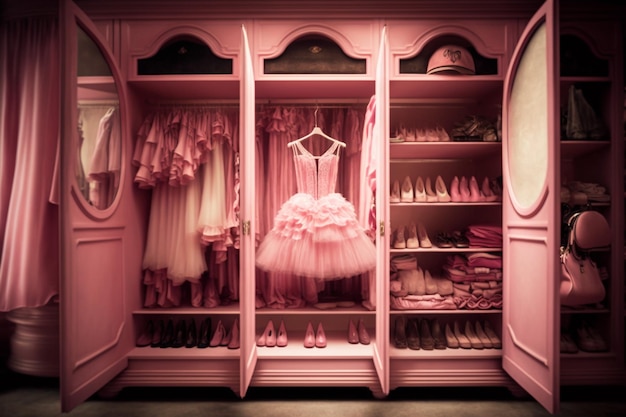 A pink closet with a pink dress and shoes on the shelves.