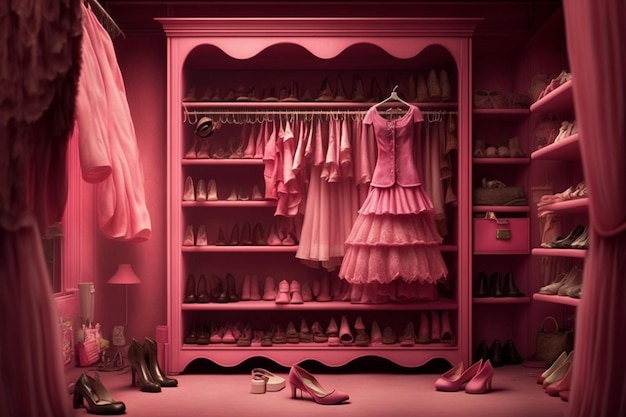 A pink closet with a shelf that says pink.