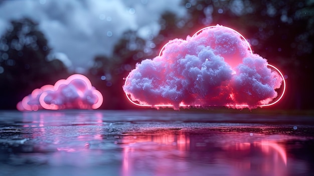 Розовое облако, плавающее на луже воды