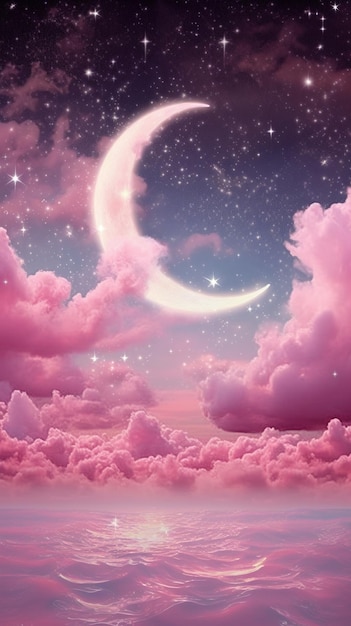 写真 ピンクの雲と月とピンクの月と星