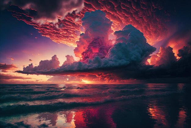 Premium AI Image | Pink clouds at sunset over the ocean