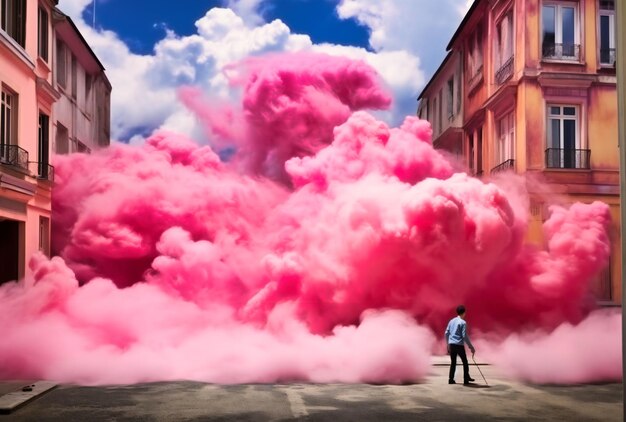 Foto nuvole rosa su una scena cittadina