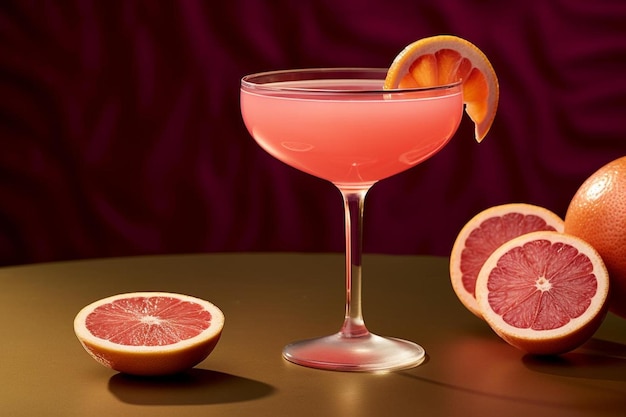 a pink cocktail is on a table with a slice of lemon and a slice of lemon.