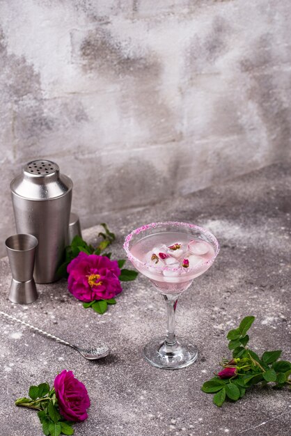 Pink cocktail margarita with rose syrup