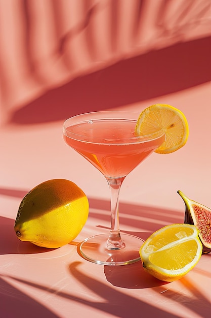 Foto cocktail rosa con fetta di limone e fico