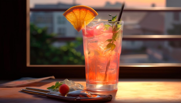 A pink cocktail with a lemon slice on the top.