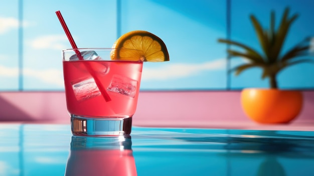 Pink cocktail with lemon wedge sitting on the pool table