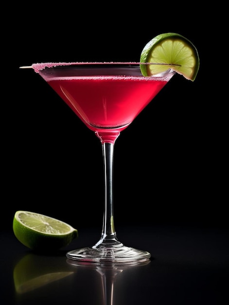 a pink cocktail with a lime slice on the rim