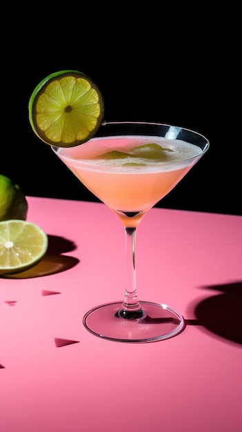 A pink cocktail with a lime wedge on a pink table.