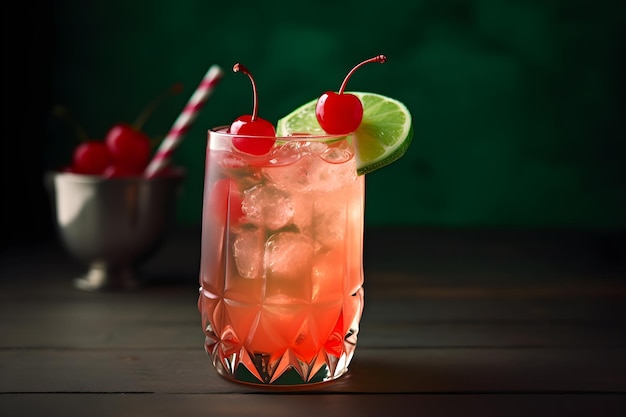 A pink cocktail with a lime wedge and a red straw.