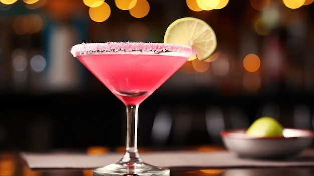 A pink cocktail with a lime wedge on the rim