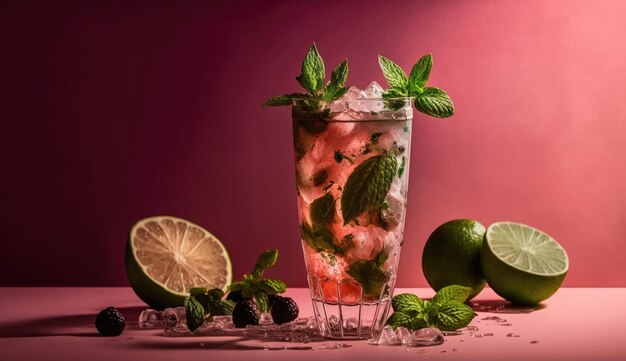 A pink cocktail with limes and mint on the side