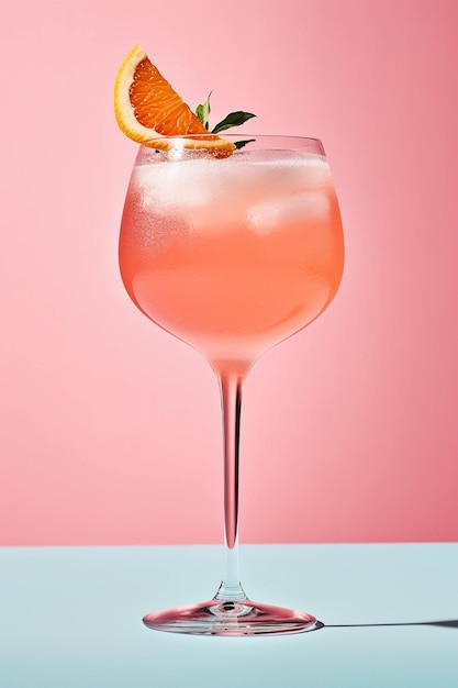A pink cocktail with a pink background and a glass with a grapefruit and orange garnish