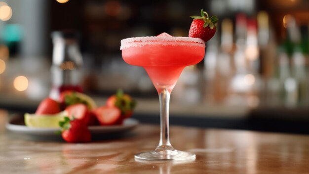 A pink cocktail with a strawberry on the rim sits on a bar.