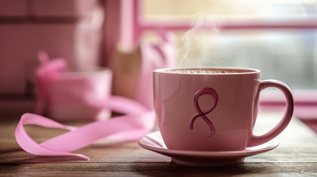 Foto coppa di caffè rosa con nastro rosa cancro al seno