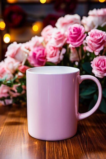 Foto tazza da caffè rosa seduta sopra un tavolo di legno ai generativa